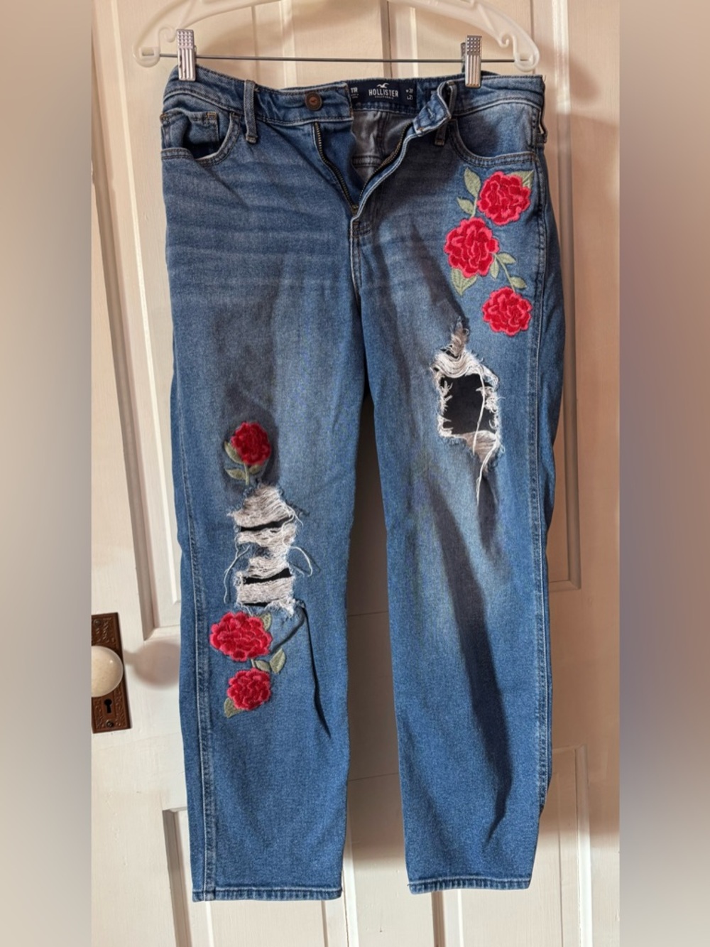 Hollister Mid-Blue Straight Leg Jeans with Red Rose Embroidery
